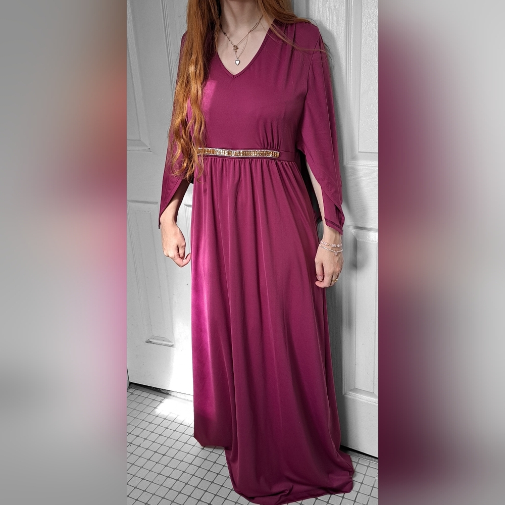 Long Sleeve Hot Pink Raspberry Stretch Maxi Dress w/ Rhinestone Gold Belt Detail
